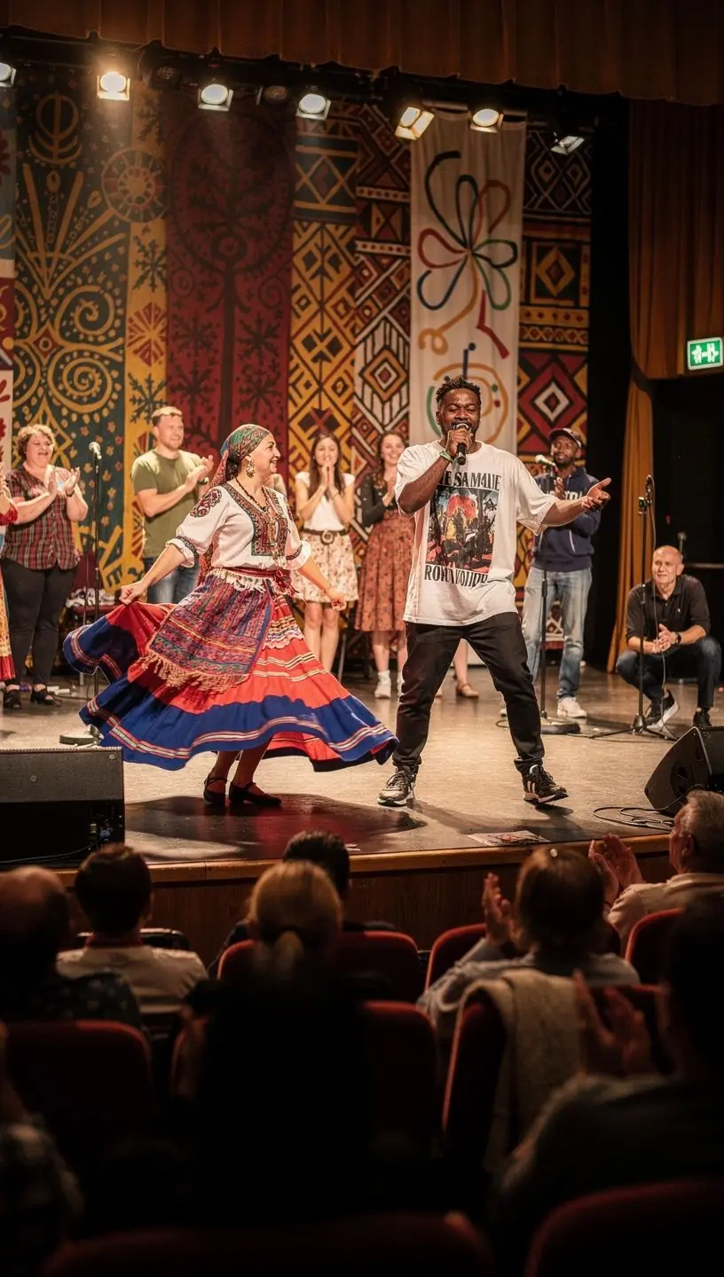 Děti různých etnických skupin hrají spolu na místním festivalu.