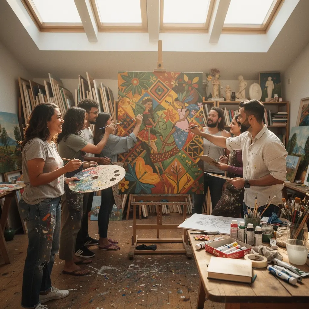 Skupina různorodých lidí sdílí své příběhy na komunitním setkání.